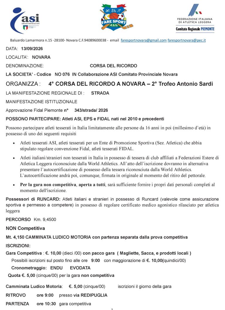 4° Corsa del Ricordo - Novara