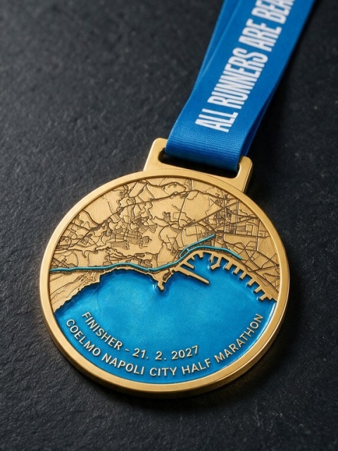 Il blu del golfo sulla medaglia della Coelmo Napoli City Half Marathon, un pezzo di Napoli da conquistare